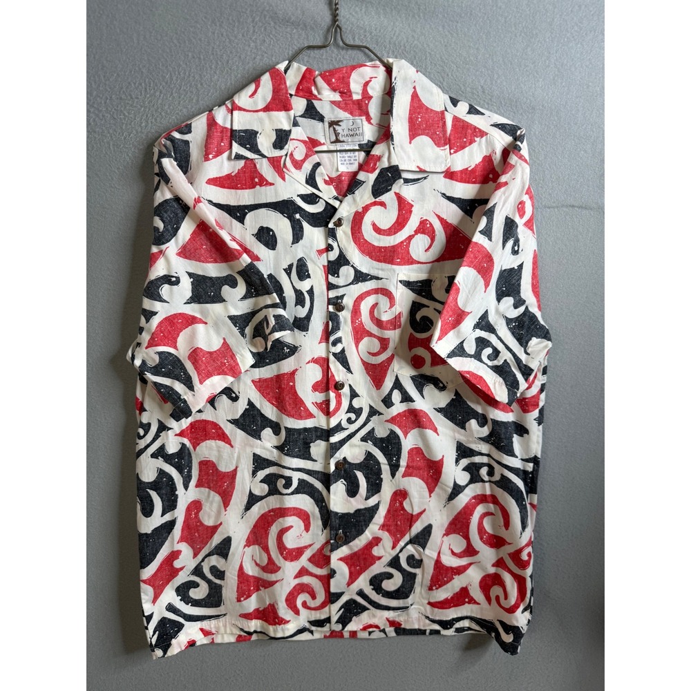 Y Not Hawaii Button Up Men's Large Hawaiian Shirt Red Black Tribal Print‎  Aloha